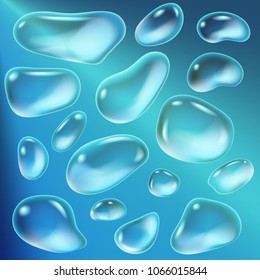 Realistic drops of a rain on a blue background in the form of glass. Abstract set. Vector illustration.