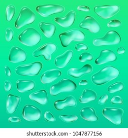 Realistic drops of a rain on a green background in the form of glass. Abstract set. Vector illustration.