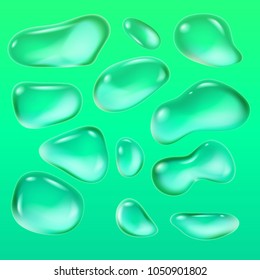 Realistic drops of a rain on a green background in the form of glass. Abstract set. Vector illustration.