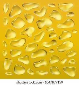 Realistic drops of a rain on a yellow background in the form of glass. Abstract set. Vector illustration.