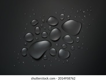 Gotas realistas de agua sobre un fondo negro. Fondo negro con vista de la parte superior del agua. Ilustración del vector EPS10