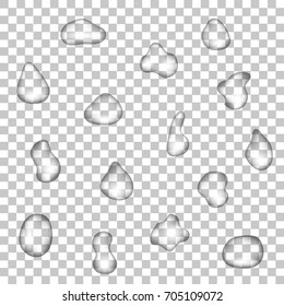 Realistic drops of water on a transparent background. Vector set of isolated elements