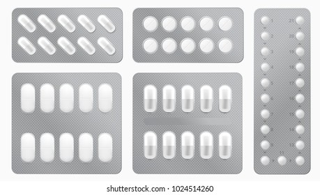 Realistic Drugs Pack. Set Of Tablets Blisters. EPS10 Vector