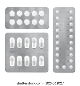 Realistic Drugs Pack. Set Of Tablets Blisters. EPS10 Vector