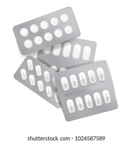 Realistic Drugs Pack. Set Of Tablets Blisters. EPS10 Vector