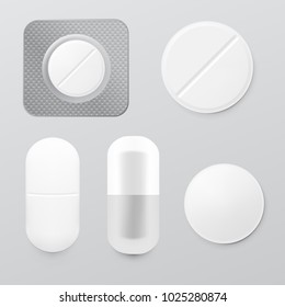 Paquete de medicamentos realistas. Conjunto De Blisters De Los Comprimidos. Vector EPS10