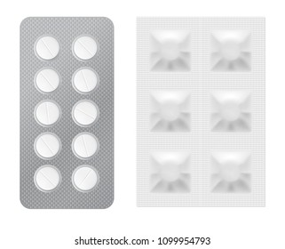 Realistic Drugs Pack. Set Of Tablets Blisters. EPS10 Vector