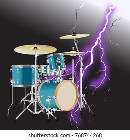 Realistic Drum kit with Realistic lightning on black background