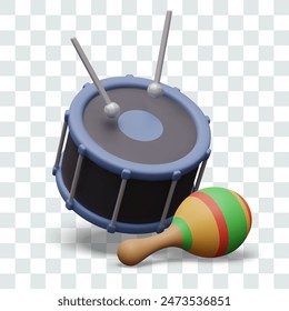 Realistic drum with sticks, maracas. Percussion musical instruments