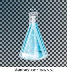Realistic dry bulb, chemical flask transparent glass bottle of blue liquid, liquid color can be easily changed, with bubbles on a transparent background