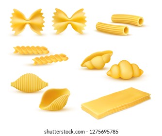 Realistic dry macaroni various kinds set, pasta assortment, italian cuisine, pasta, farfalle, conchiglie, rigatoni, fusilli, gnocchi, lasagne, vector illustration isolated on white background