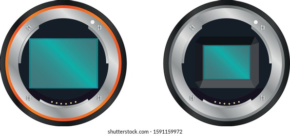 Realistic DSLR-Mirrorless Full-Frame and APS-C Digital Camera Lens Mount with Image Sensor. Mockup Vector illustration isolate on white background.