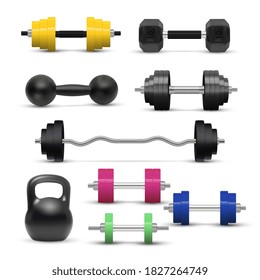 Realistic dumbbell and kettlebell isolated on white background. Gym weight equipment with barbell and dumbell for training exercise on bodybuilding vector illustration