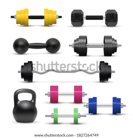 Realistic dumbbell and kettlebell isolated on white background. Gym weight equipment with barbell and dumbell for training exercise on bodybuilding vector illustration