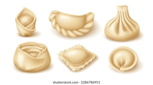 Realistic dumplings. Isolated asian, italian and caucasian food, boiled dough stuffed with meat, ravioli, khinkali and mantas, 3d isolated elements, banner or menu objects, utter vector set