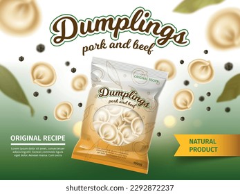 Realistic dumplings poster. Product packaging made of dough with meat filling, flying food with black pepper peas, advertising template, siberian cooking, 3d elements, utter vector concept