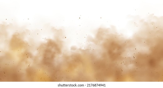 Realistic dust clouds isolated on white background. Sand storm with dirt particles, polluted dirty brown air, smog. Vector illustration