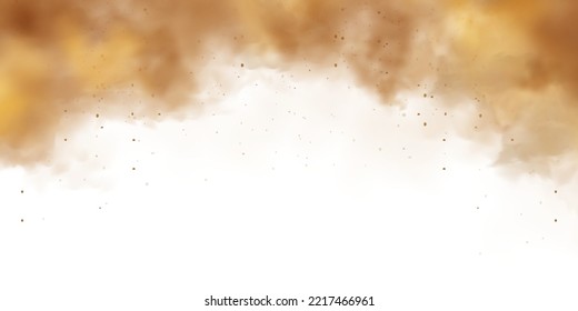 Realistic dust clouds isolated on white background. Sand storm with dirt particles, polluted dirty brown air, smog. Vector illustration