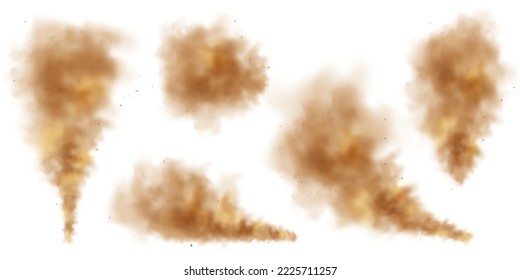 Realistic dust clouds isolated on white background. Sand storm with dirt particles, polluted dirty brown air, smog. Vector illustration