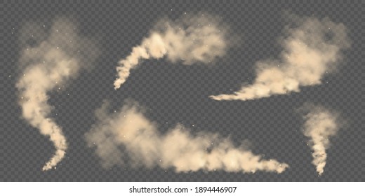 Realistic dust clouds. Road sand storm. Polluted dirty brown air with dirt particles, smog. Air, environmental pollution. Vector design element.