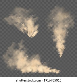 Nubes de polvo realistas. Tormenta de arena por carretera. Aire marrón contaminado con partículas de tierra, smog. Contaminación del aire y del medio ambiente. Elemento de diseño de vectores.
