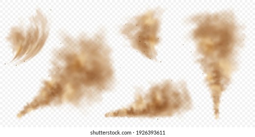 Realistic dust clouds. Road sand storm. Polluted dirty brown air with dirt particles, smog. Air, environmental pollution. Vector design element.