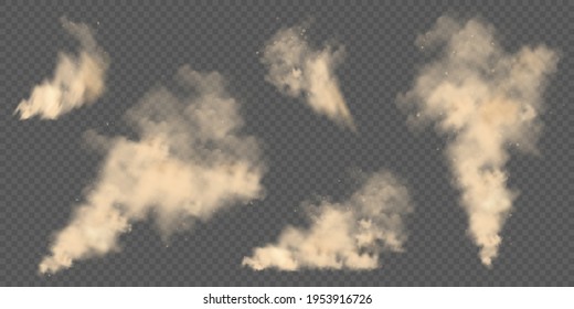 Realistic dust clouds. Road sand storm. Polluted dirty brown air with dirt particles, smog. Air, environmental pollution. Vector design element.