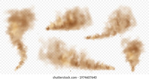 Realistic dust clouds. Road sand storm. Polluted dirty brown air with dirt particles, smog. Air, environmental pollution. Vector design element.