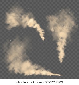 Realistic dust clouds. Road sand storm. Polluted dirty brown air with dirt particles, smog. Air, environmental pollution. Vector design element.