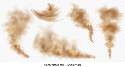 Realistic dust clouds. Road sand storm. Polluted dirty brown air with dirt particles, smog. Air, environmental pollution. Vector design element.