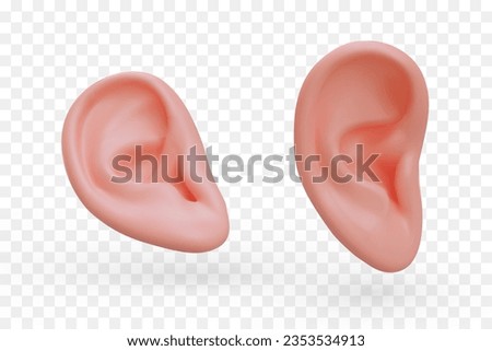 Realistic ear in different positions. Human hearing organ. Listening. Set of isolated vector images. Hearing testing. Services of otolaryngologist. Medical icons