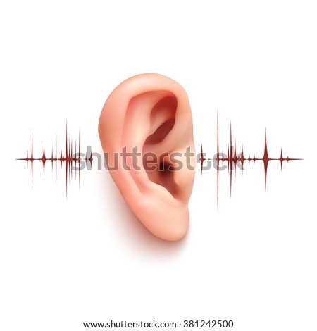 Realistic ear with sound waves isolated on white background. Vector illustration.