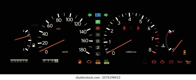 Realistic early 90s Japanese base model large sedan electroluminescent gauge cluster in gasoline engine and electronically controlled automatic transmission illustration vector.