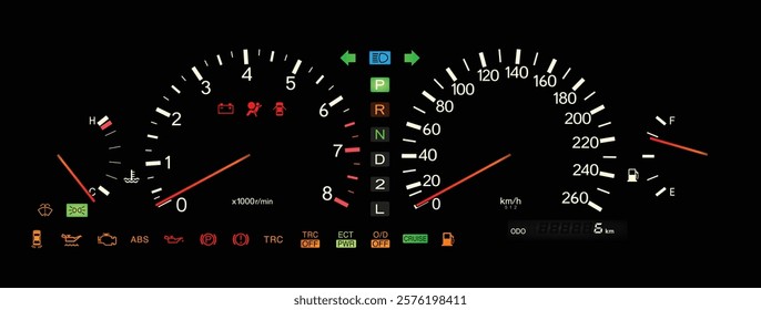 Realistic early 90s Japanese large sedan EU specs electroluminescent gauge cluster in gasoline engine and electronically controlled automatic transmission 4WS with cruise control illustration vector.