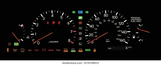 Realistic early 90s Japanese large sedan US specs electroluminescent gauge cluster in gasoline engine and electronically controlled automatic transmission 4WS with cruise control illustration vector.