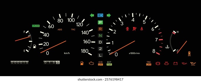 Realistic early 90s Japanese large sedan electroluminescent gauge cluster in gasoline engine and electronically controlled automatic transmission with traction and cruise control illustration vector.