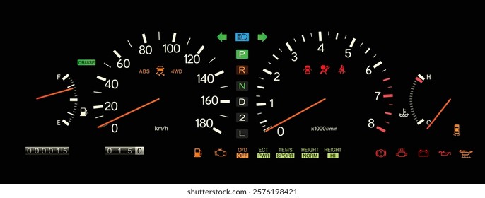 Realistic early 90s Japanese large sedan electroluminescent gauge cluster in V8 gasoline engine and electronically controlled automatic transmission 4WS with cruise control illustration vector.