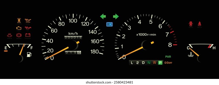 Realistic early 90s Japanese luxury car gauge cluster in electronically control auto gearbox and gasoline engine illustration vector.