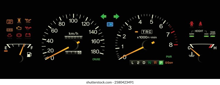 Realistic early 90s Japanese luxury car gauge cluster in electronically control auto gearbox and gasoline engine included electric damper and height control with cruise and traction control vector.