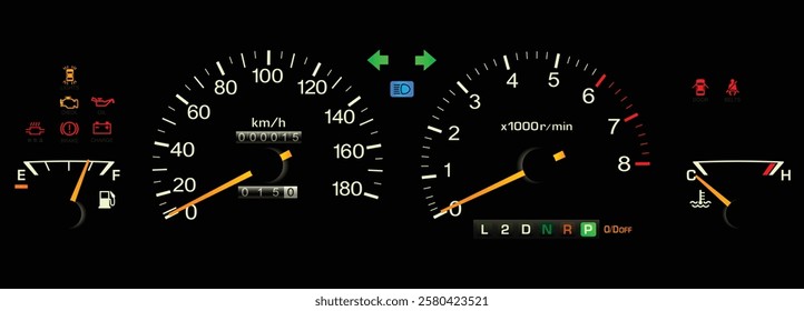 Realistic early 90s Japanese luxury car gauge cluster in hydraulic clutch automatic transmission and gasoline engine without low engine oil level indicator light illustration vector.