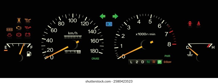 Realistic early 90s Japanese luxury car gauge cluster in electronically control auto gearbox and gasoline engine with antilock braking system warning light illustration vector.