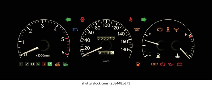 Realistic early 90s Japanese luxury car gauge cluster in turbo diesel engine 4 speed electronically control automatic gearbox without safety function indicator illustration vector.