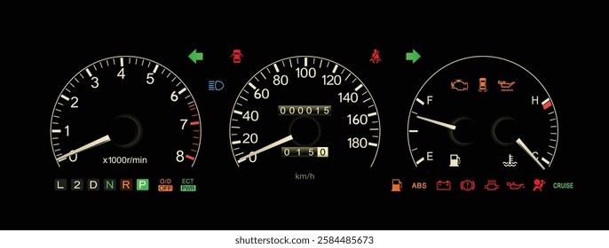 Realistic early 90s Japanese luxury car gauge cluster in gasoline engine 4 speed electronically control automatic gearbox with safety function and cruise control indicator illustration vector.