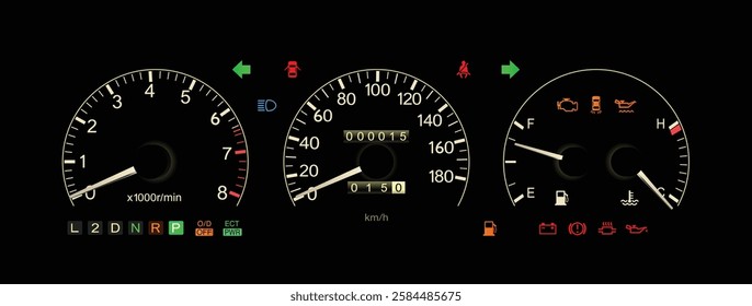 Realistic early 90s Japanese luxury car gauge cluster in gasoline engine 4 speed electronically control automatic gearbox without safety function indicator illustration vector.