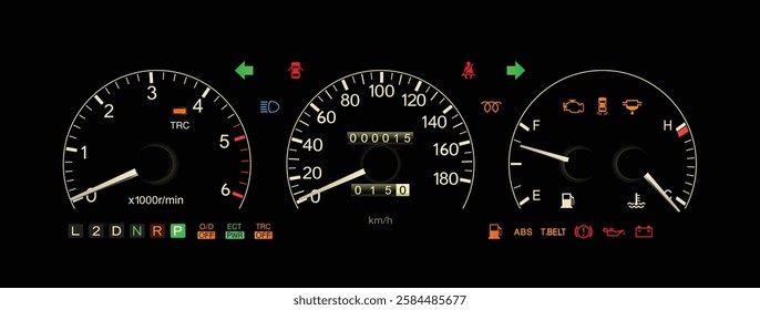 Realistic early 90s Japanese luxury car gauge cluster in turbo diesel engine 4 speed electronically control automatic gearbox with antilock braking and traction control indicator illustration vector.