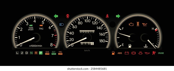 Realistic early 90s Japanese luxury car gauge cluster with rim light in electronic controlled 5 speed automatic gearbox and gasoline engine included sport damper and traction illustration vector.