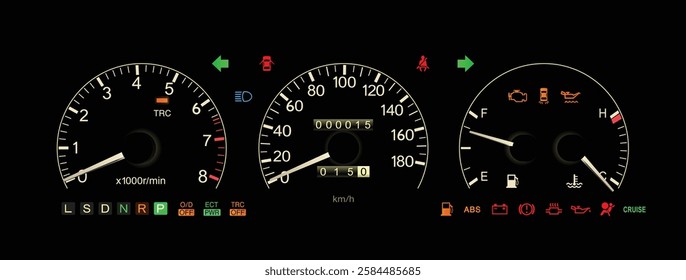 Realistic early 90s Japanese luxury car gauge cluster in electronically controlled 5 speed automatic gearbox with S mode and gasoline engine illustration included traction control vector.