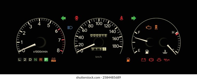 Realistic early 90s Japanese luxury car based model gauge cluster in gasoline engine 4 speed automatic gearbox without oil level and safety function indicator illustration vector.