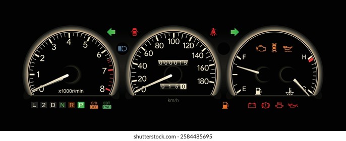 Realistic early 90s Japanese luxury car gauge cluster with rim light in electronic controlled 4 speed automatic gearbox and gasoline engine illustration vector.