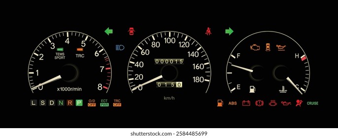 Realistic early 90s Japanese luxury car gauge cluster in electronically controlled 5 speed automatic gearbox with S mode and gasoline engine illustration included sport damper and traction vector.